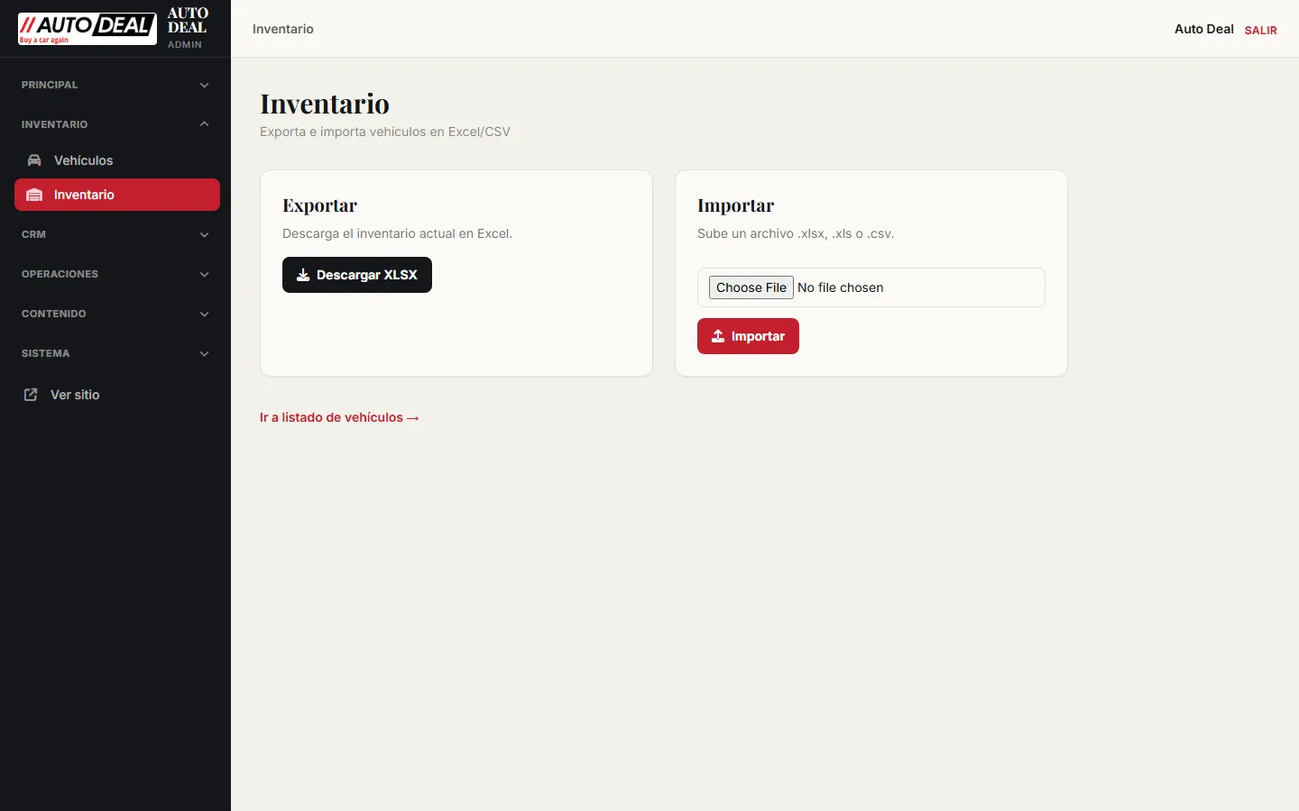 Pantalla de importar/exportar inventario