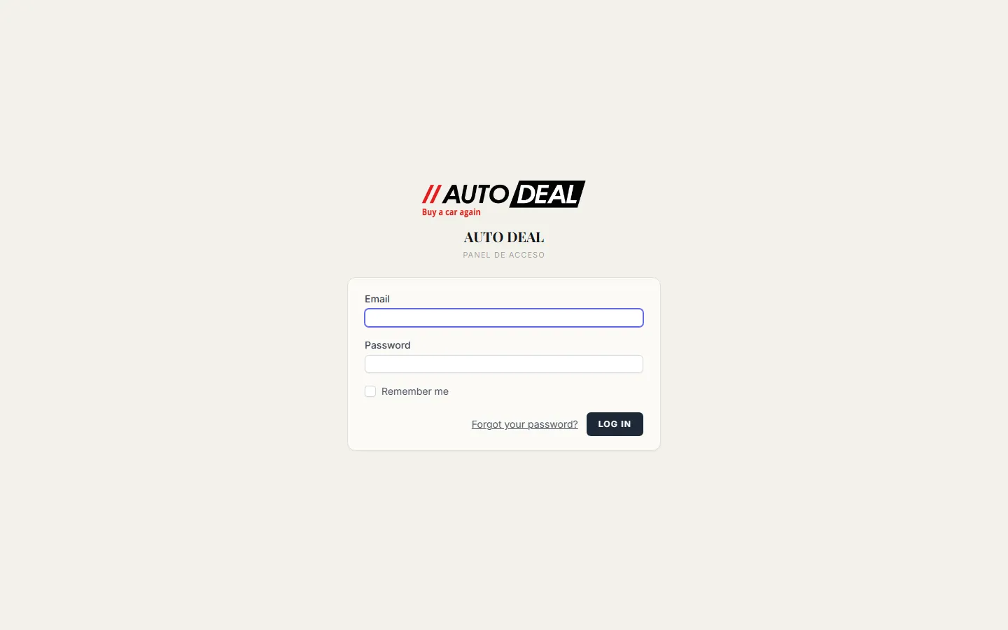 Pantalla de login de Auto Deal Panama